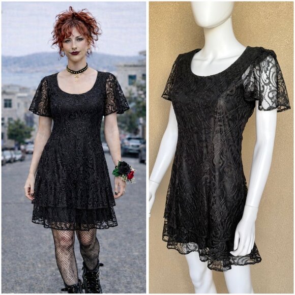 🖤Whimsigoth 90s Black Lace Mini Dream Dress🖤 - Picture 1 of 9